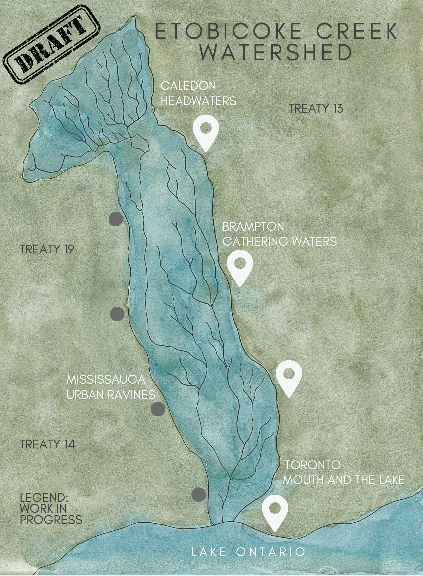 From Source to Shore is an animated map tracing the flow of water along Etobicoke Creek, from its headwaters in Caledon through Brampton and Mississauga to its meeting with Lake Ontario. Created using hand-illustrated and watercolour elements, the animation visualizes water as a continuous, living presence moving through changing landscapes. Accompanied solely by the sound of flowing water, the work invites viewers to slow down, observe, and experience the creek as a single connected system.